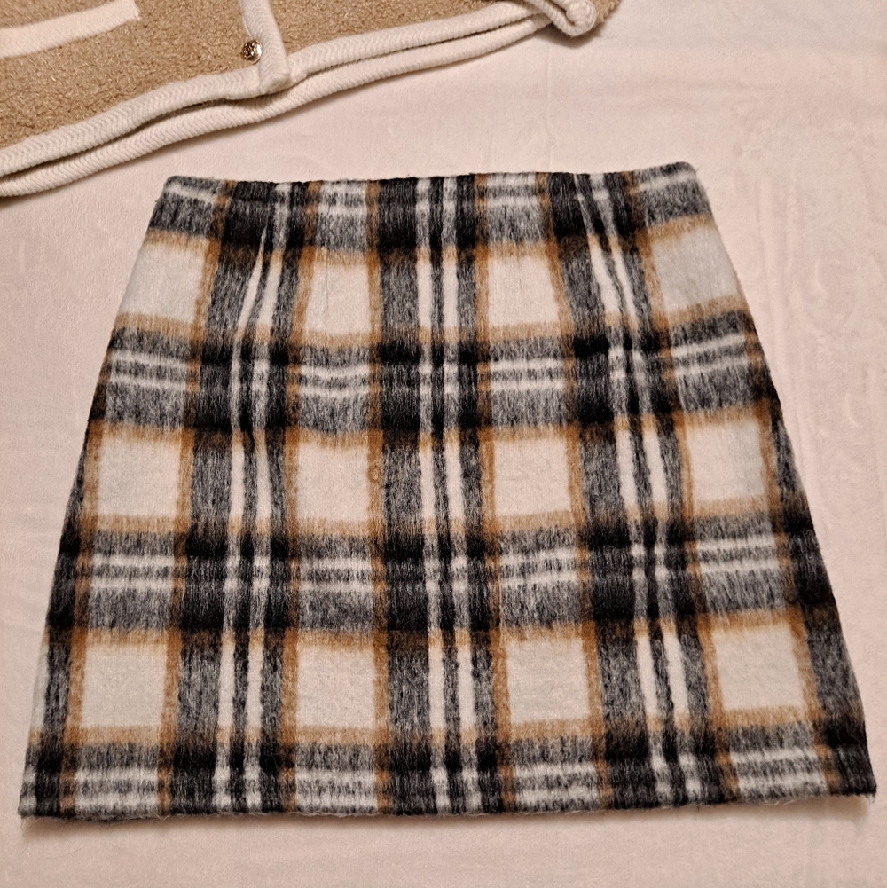 LOFT Plaid Mini Skirt - Black, White, Tan